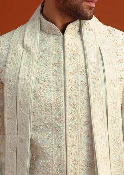 Beige Sherwani Set With Dupatta With Hand Work