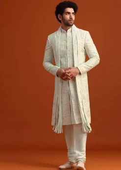 Beige Sherwani Set With Dupatta With Hand Work