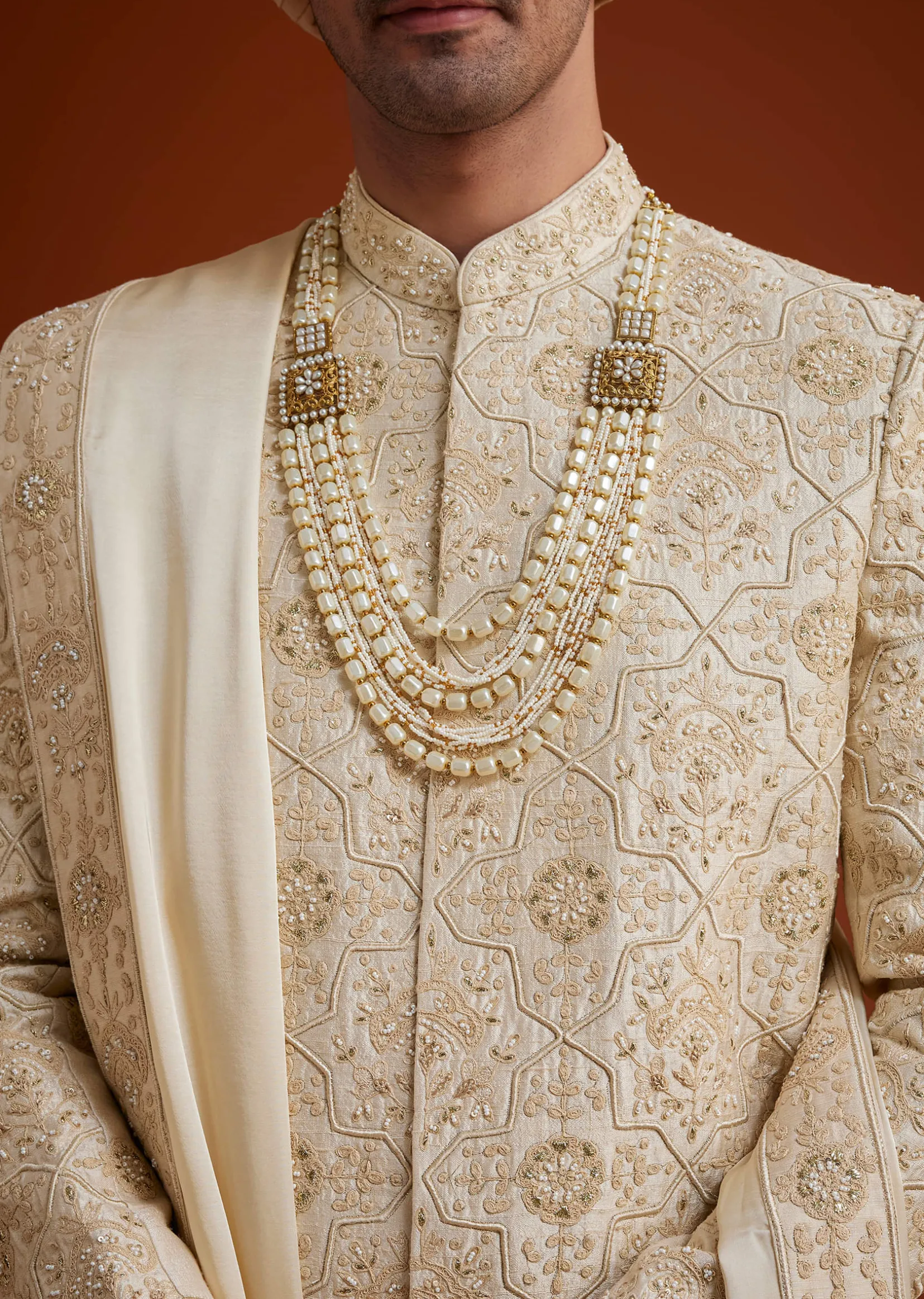 Beige Sherwani Set With Dori And Thread Work
