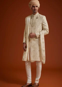 Beige Sherwani Set With Dori And Thread Work