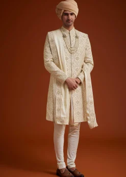 Beige Sherwani Set With Dori And Thread Work