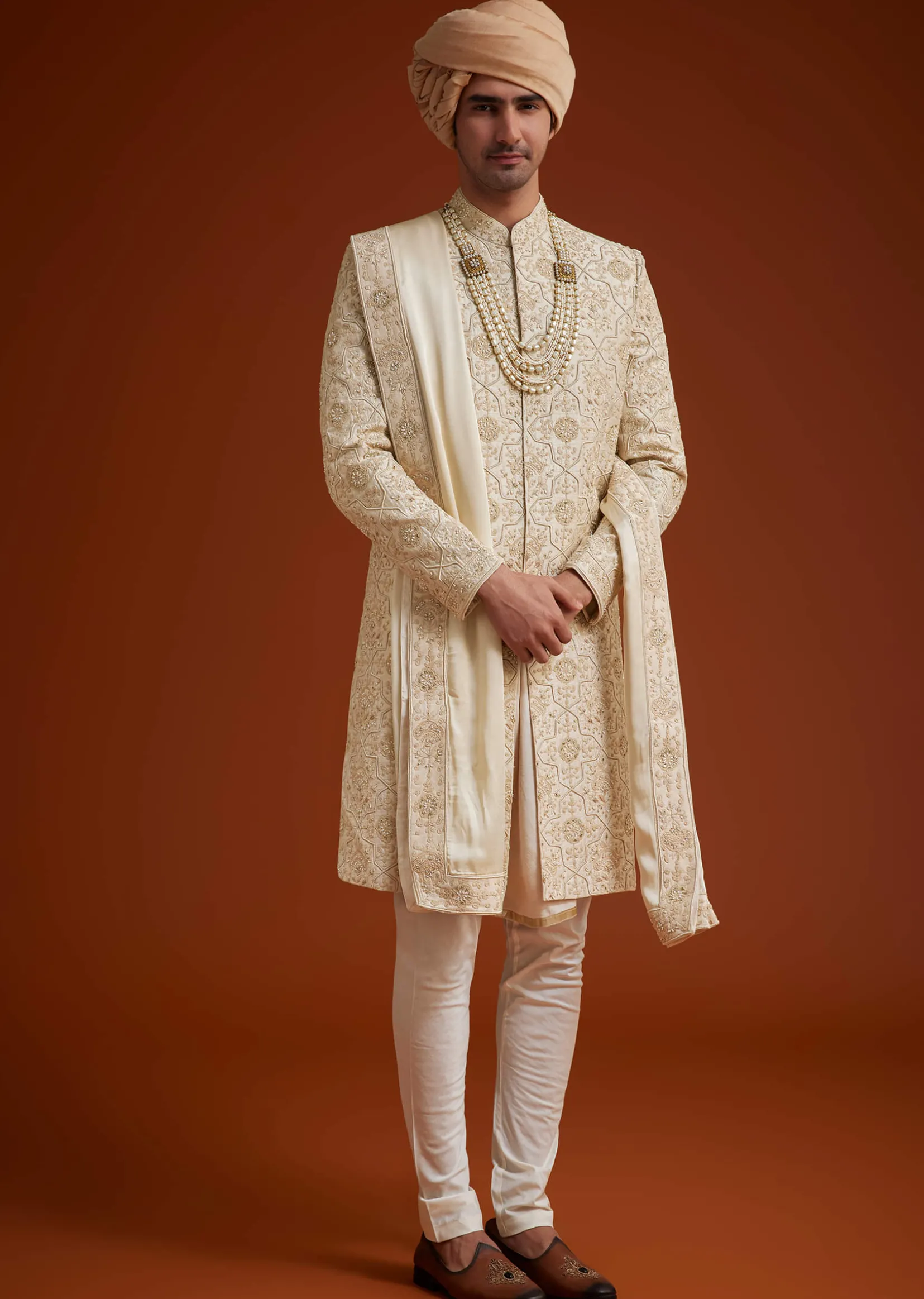 Beige Sherwani Set With Dori And Thread Work