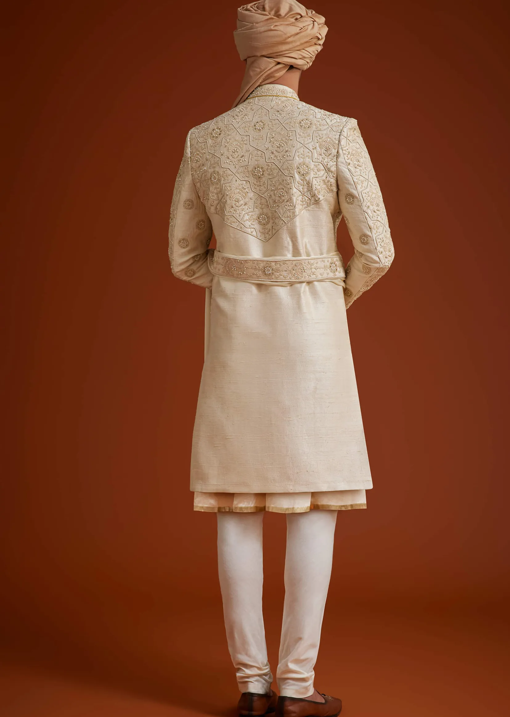 Beige Sherwani Set With Dori And Thread Work