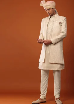 Beige Sherwani With Resham And Mirror Work