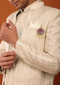 Beige Sherwani With Resham And Mirror Work