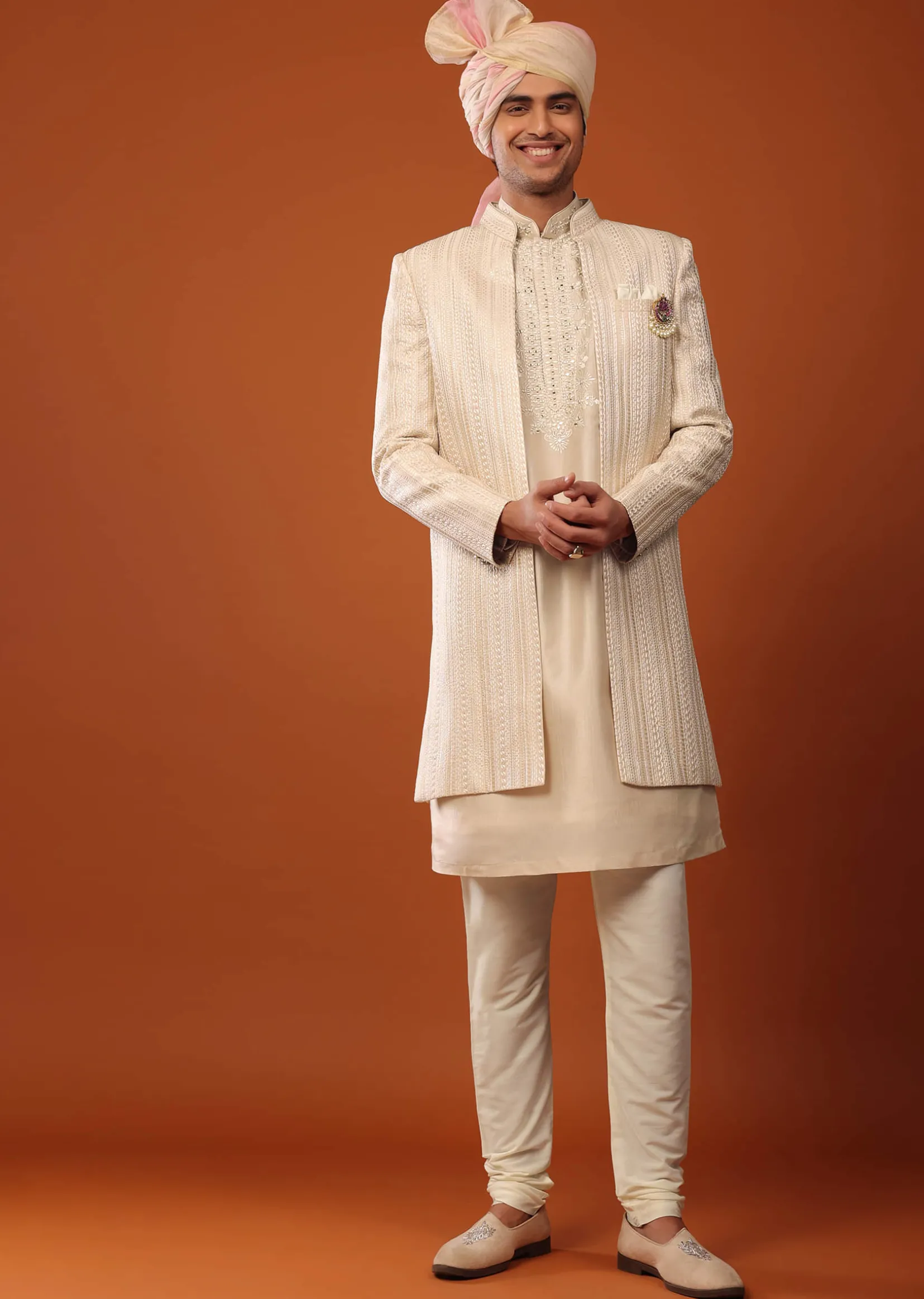 Beige Sherwani With Resham And Mirror Work
