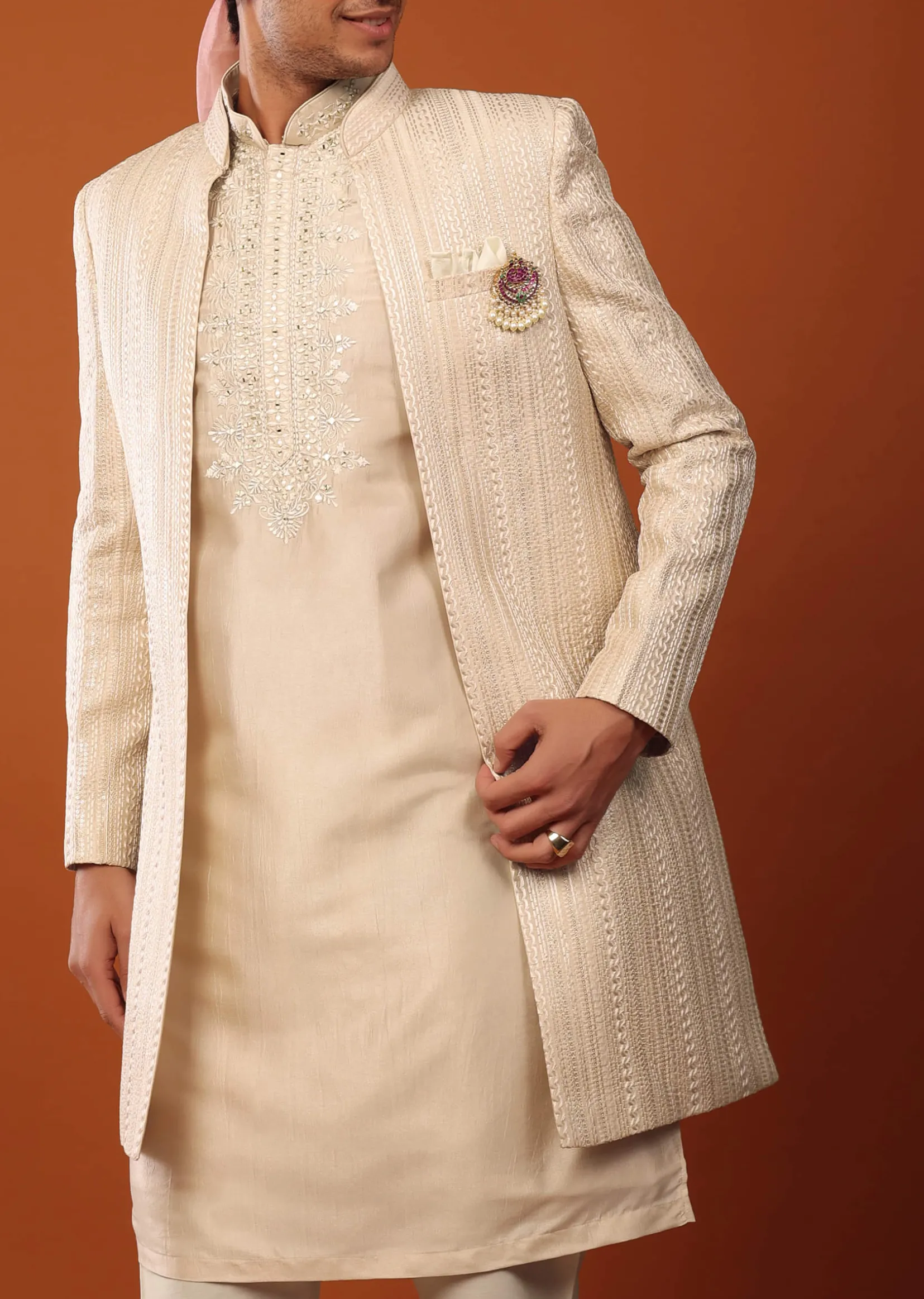 Beige Sherwani With Resham And Mirror Work
