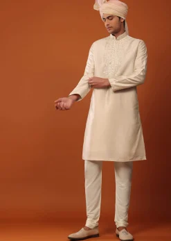 Beige Sherwani With Resham And Mirror Work