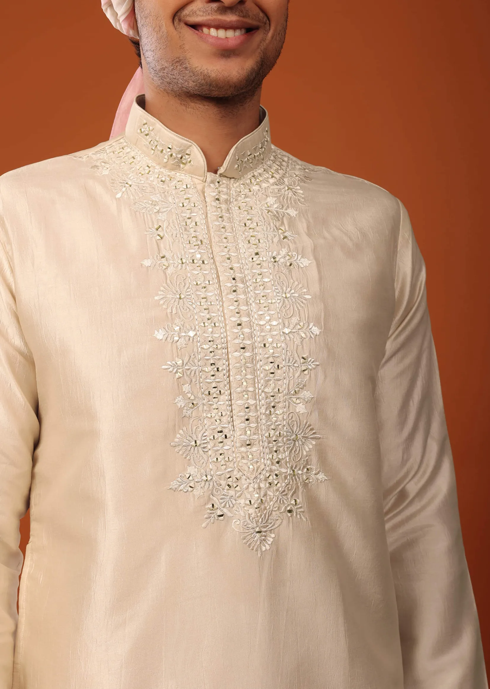 Beige Sherwani With Resham And Mirror Work