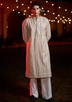 Beige Silk Abla Work Kurta Set For Men