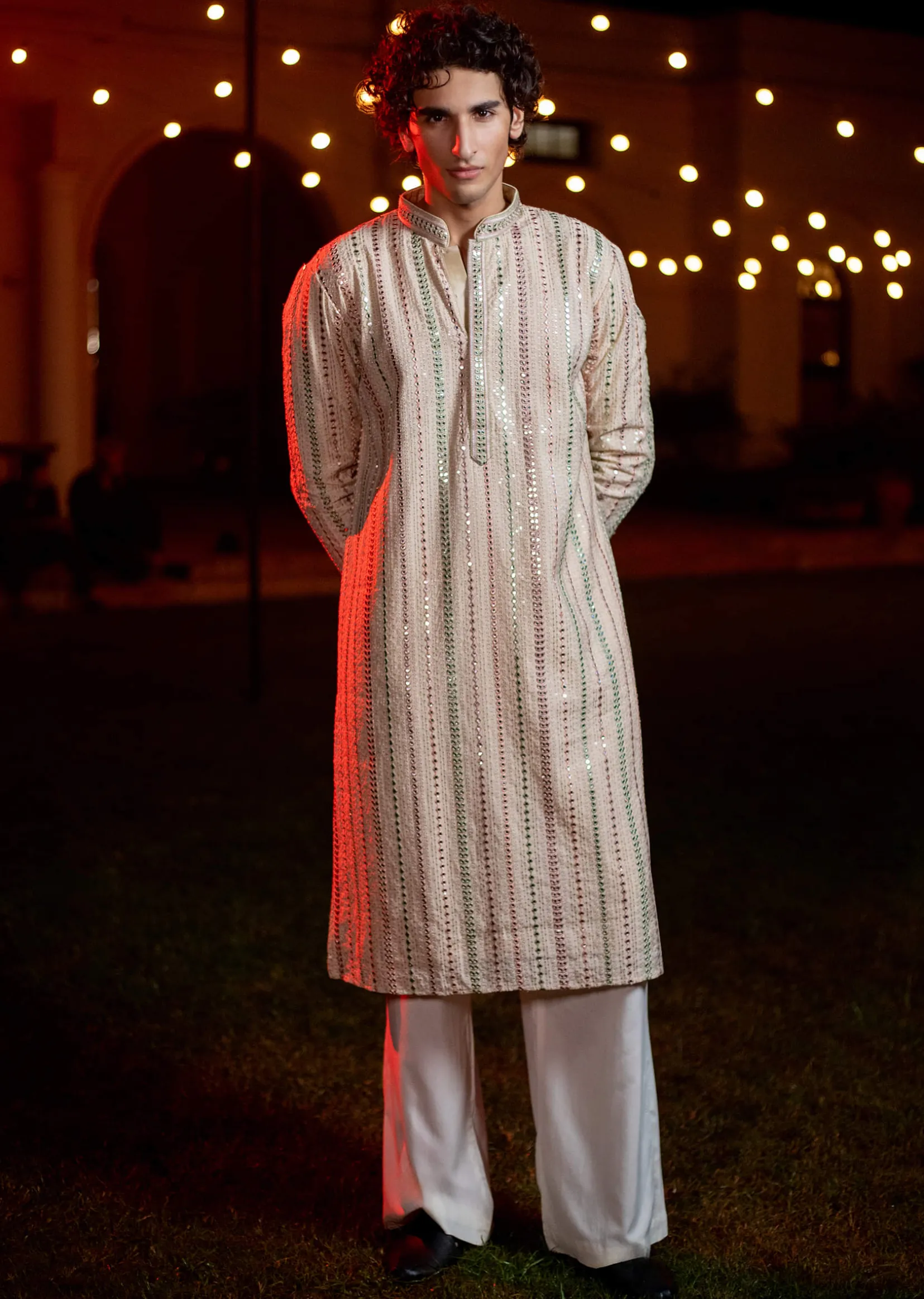 Beige Silk Abla Work Kurta Set For Men