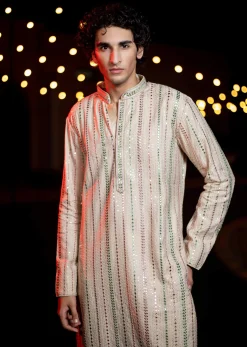 Beige Silk Abla Work Kurta Set For Men