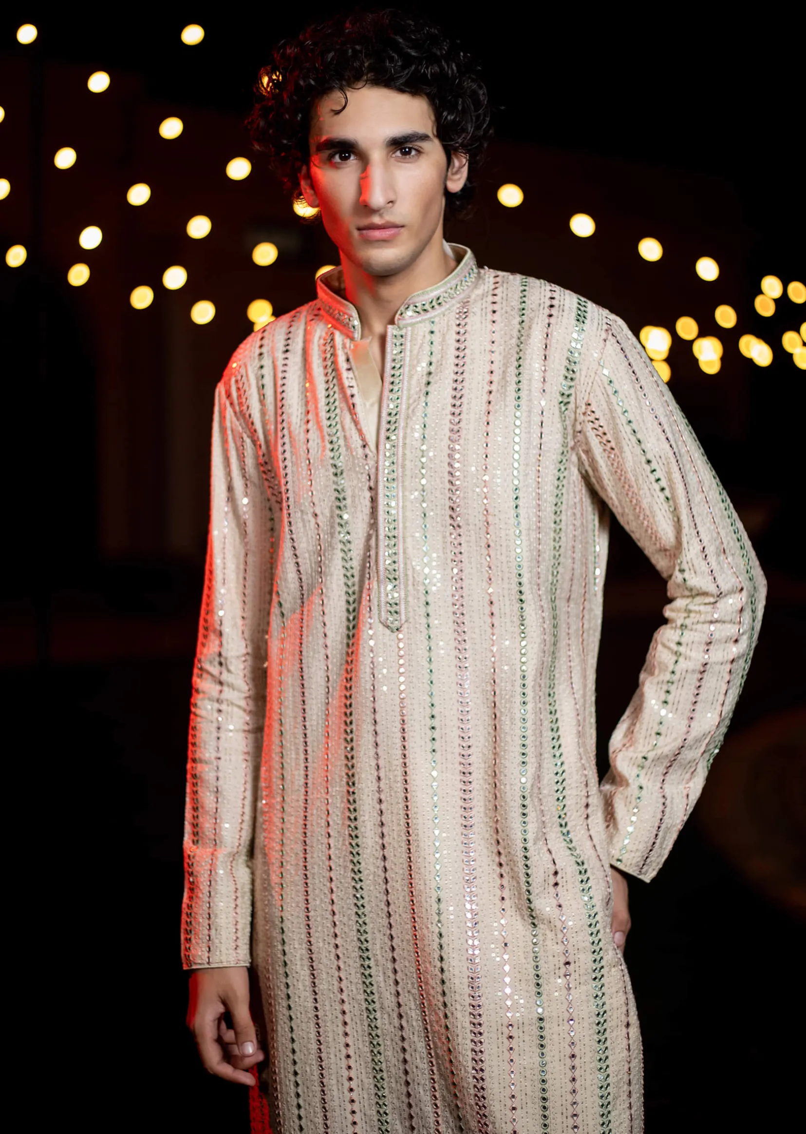 Beige Silk Abla Work Kurta Set For Men