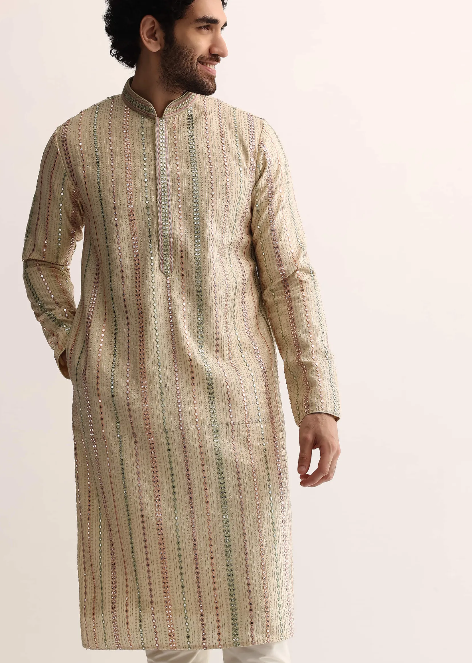 Beige Silk Abla Work Kurta Set For Men