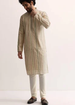Beige Silk Abla Work Kurta Set For Men