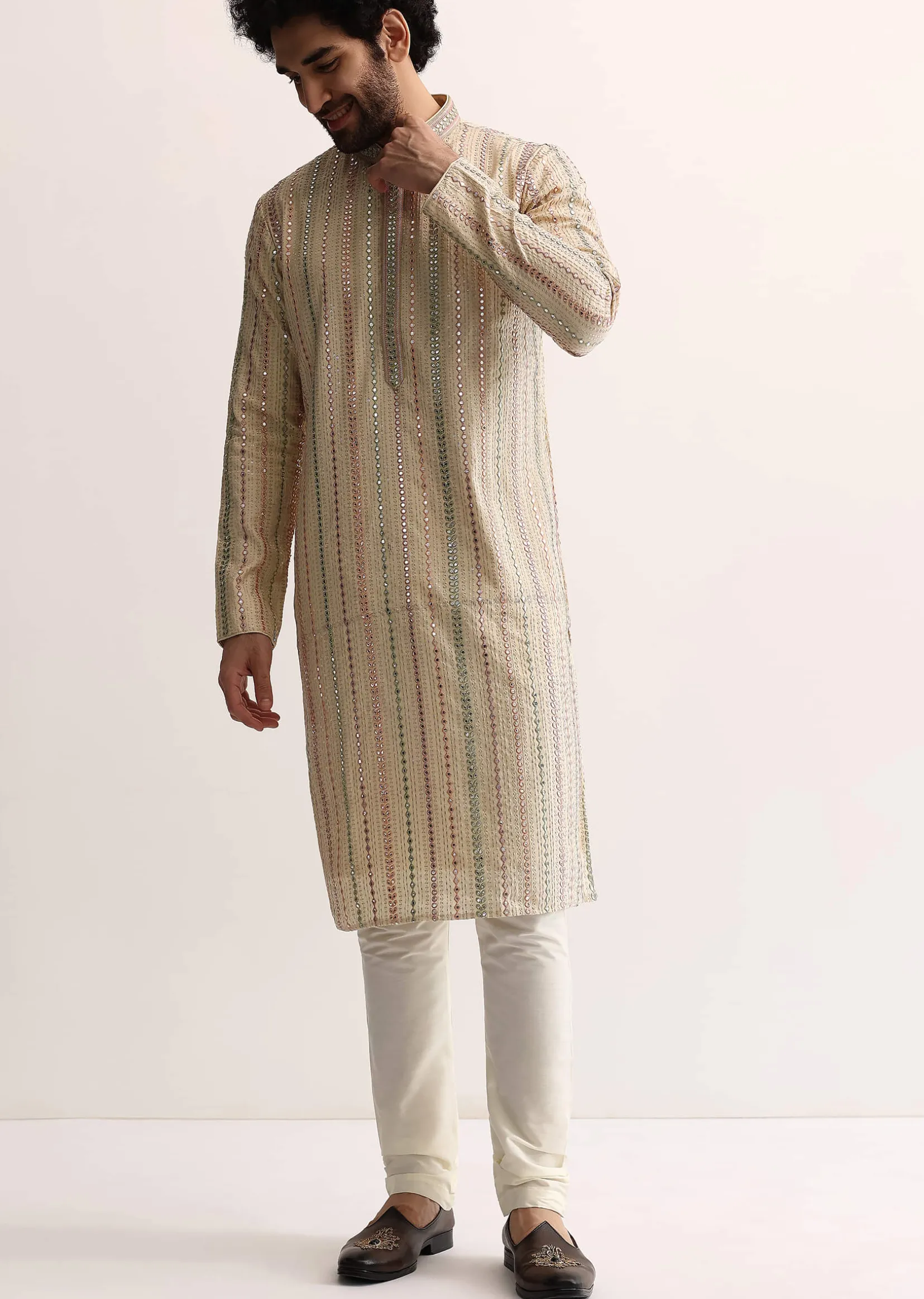 Beige Silk Abla Work Kurta Set For Men