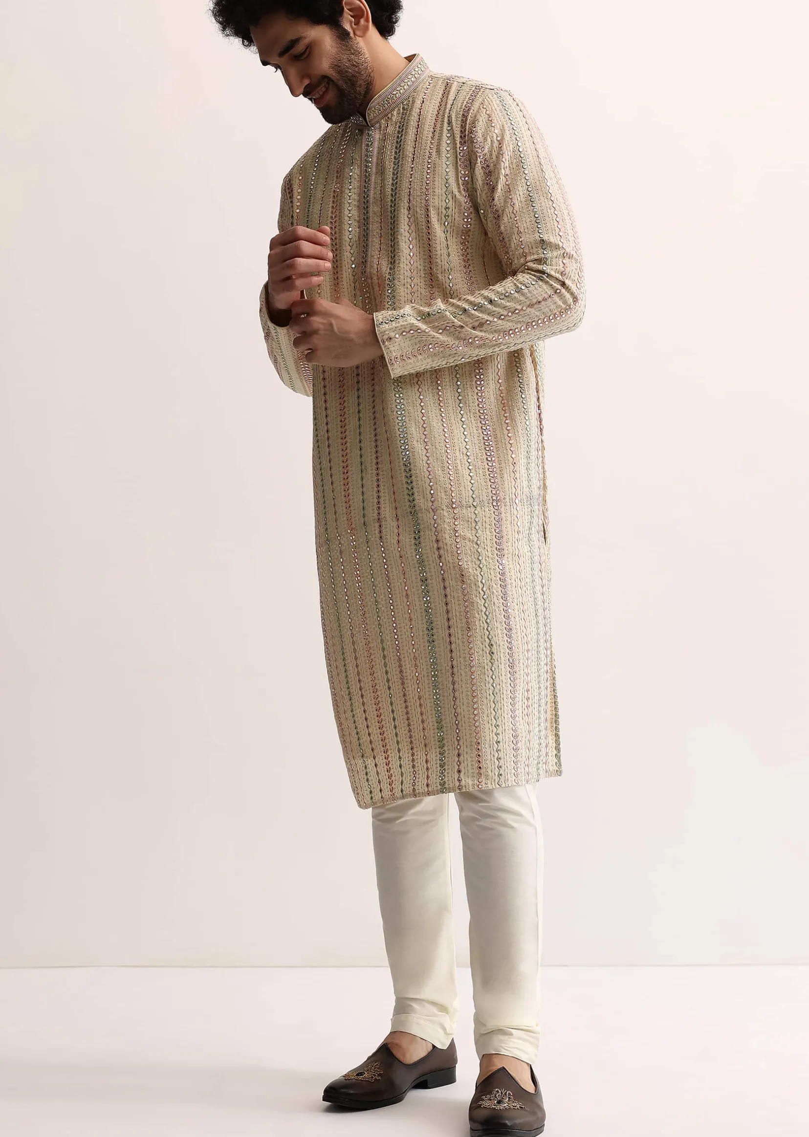 Beige Silk Abla Work Kurta Set For Men