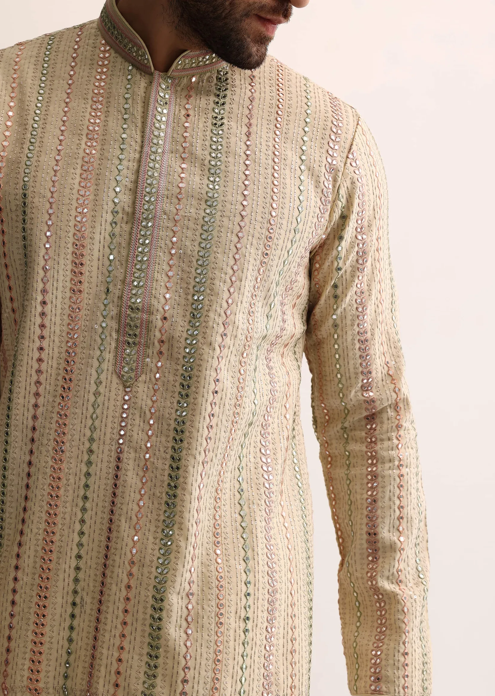Beige Silk Abla Work Kurta Set For Men