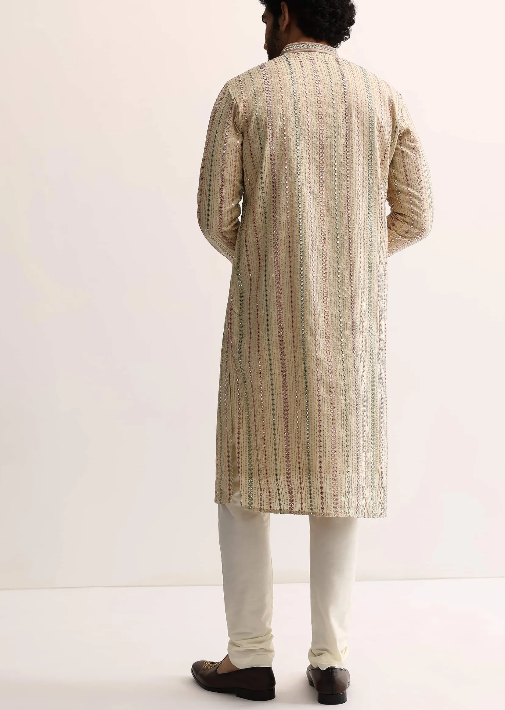 Beige Silk Abla Work Kurta Set For Men