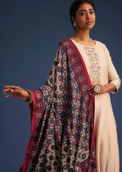 Beige Silk Anarkali Set With Ajrakh Print Dupatta