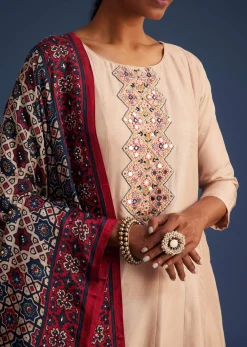 Beige Silk Anarkali Set With Ajrakh Print Dupatta