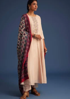 Beige Silk Anarkali Set With Ajrakh Print Dupatta