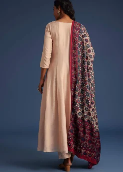 Beige Silk Anarkali Set With Ajrakh Print Dupatta
