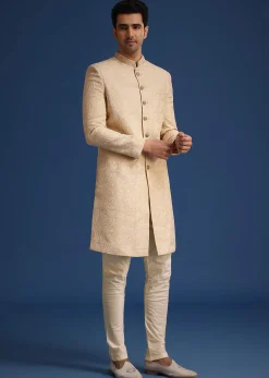 Beige Silk Blend Sherwani Set