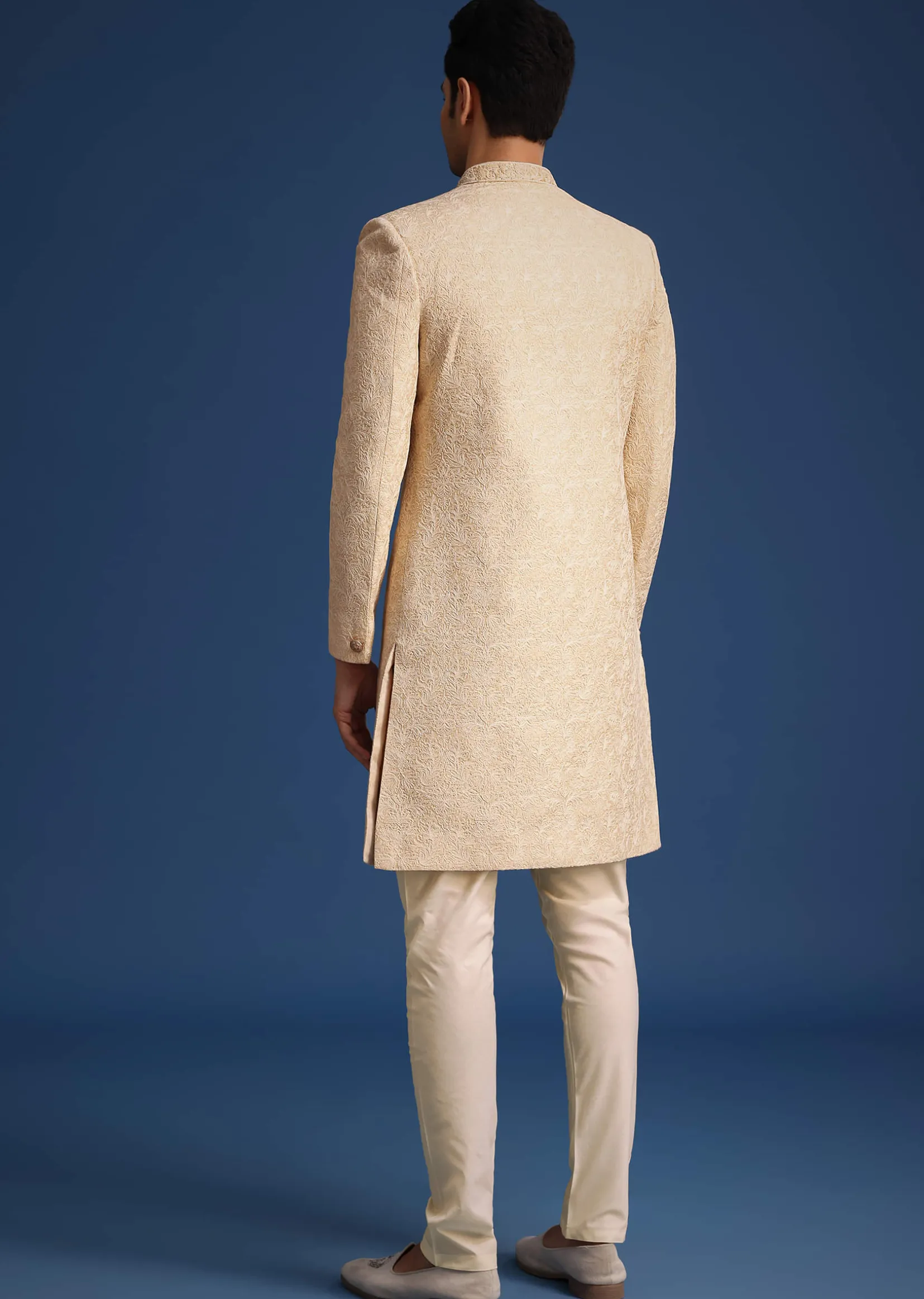 Beige Silk Blend Sherwani Set