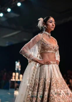 Beige Silk Bridal Lehenga Set With Organza 3D Floral Embroidery