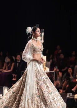 Beige Silk Bridal Lehenga Set With Organza 3D Floral Embroidery