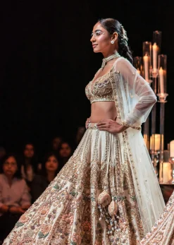 Beige Silk Bridal Lehenga Set With Organza 3D Floral Embroidery