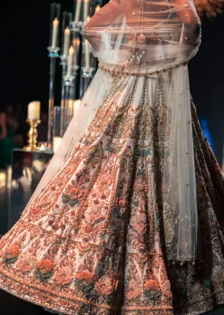 Beige Silk Bridal Lehenga Set With Organza 3D Floral Embroidery