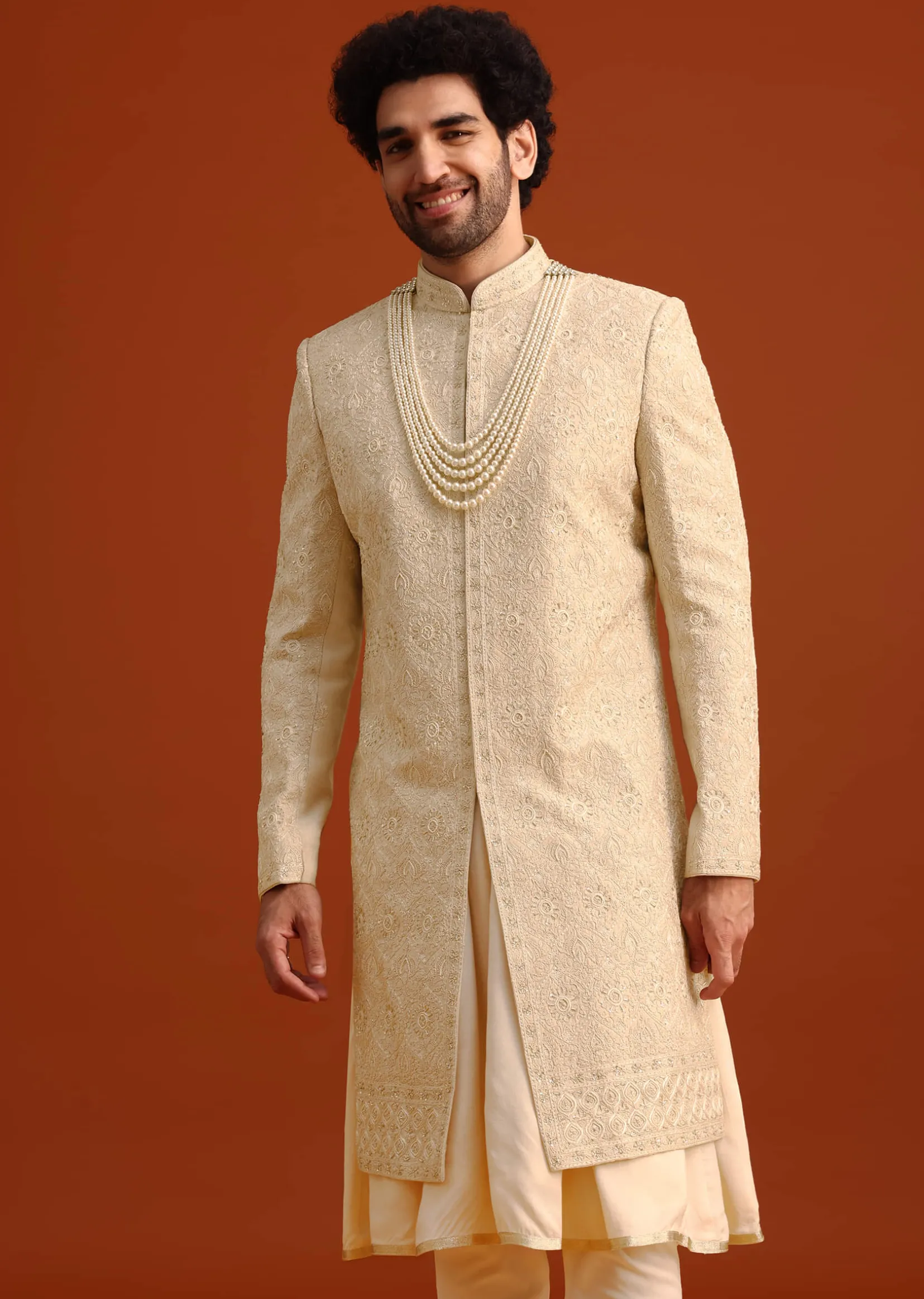 Beige Silk Embroidered Sherwani And Kurta Set With Dupatta