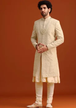 Beige Silk Embroidered Sherwani And Kurta Set With Dupatta