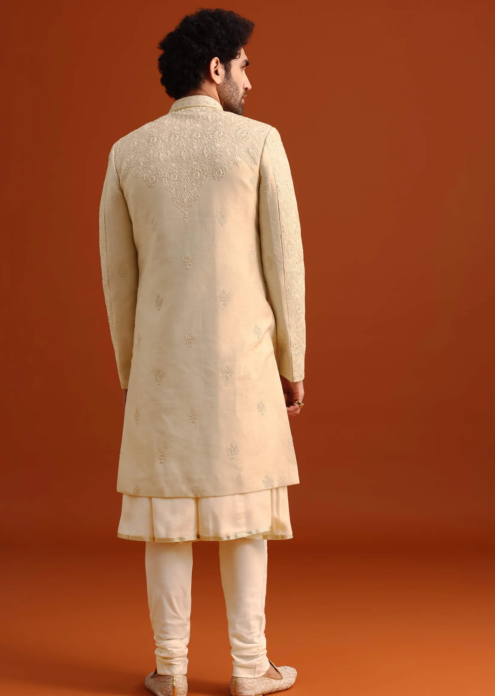 Beige Silk Embroidered Sherwani And Kurta Set With Dupatta
