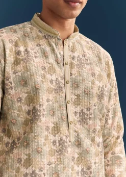 Beige Silk Floral Kurta Set For Men With Thread Embroidery