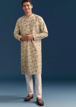 Beige Silk Floral Kurta Set For Men With Thread Embroidery