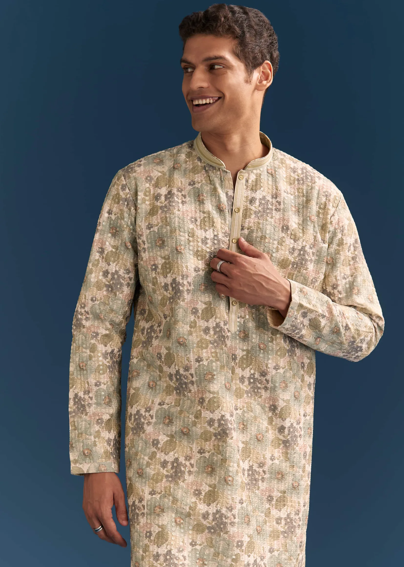 Beige Silk Floral Kurta Set For Men With Thread Embroidery