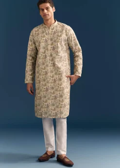 Beige Silk Floral Kurta Set For Men With Thread Embroidery