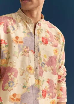 Beige Silk Floral Kurta Set For Men With Mirror Embroidery