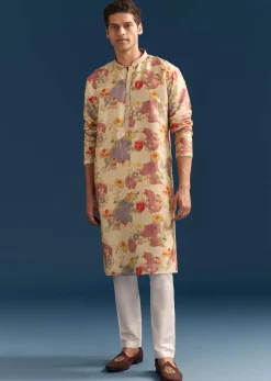 Beige Silk Floral Kurta Set For Men With Mirror Embroidery
