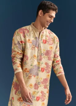Beige Silk Floral Kurta Set For Men With Mirror Embroidery