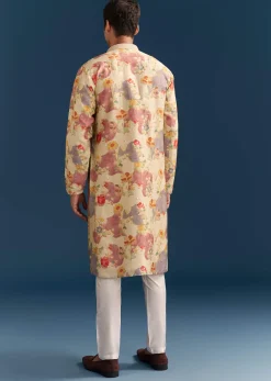 Beige Silk Floral Kurta Set For Men With Mirror Embroidery