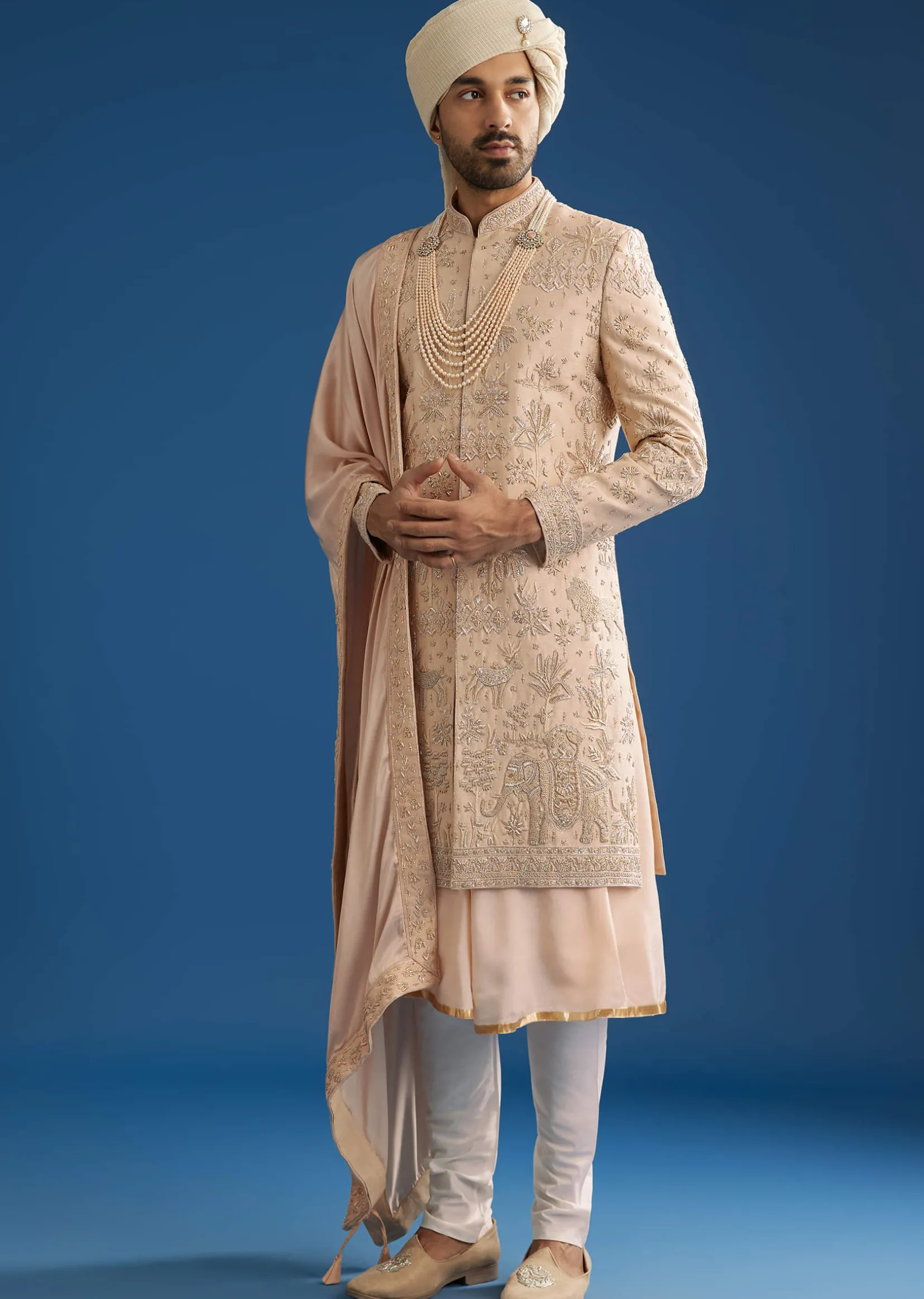 Beige Silk Groom Sherwani Set With Zardosi Work