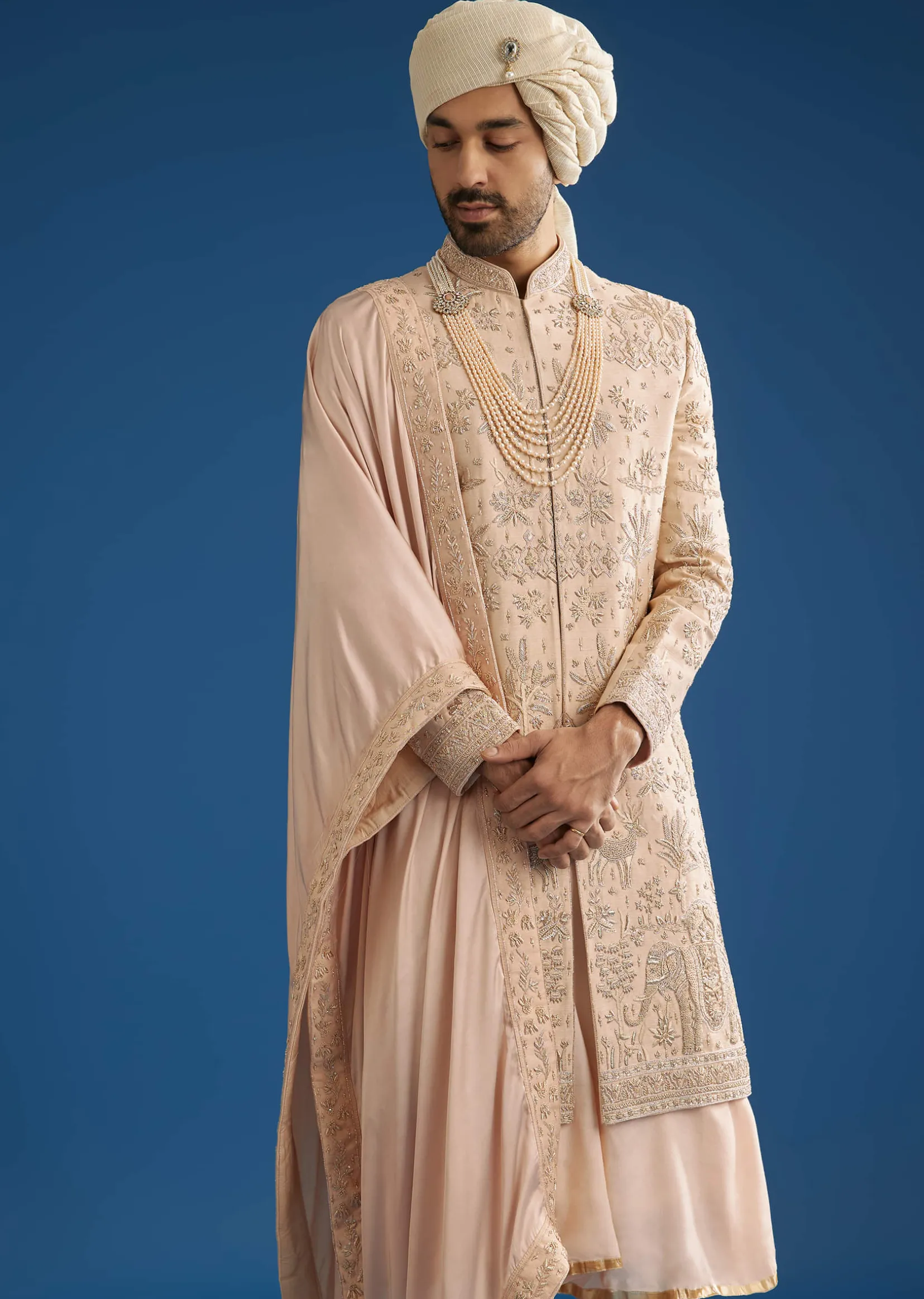 Beige Silk Groom Sherwani Set With Zardosi Work