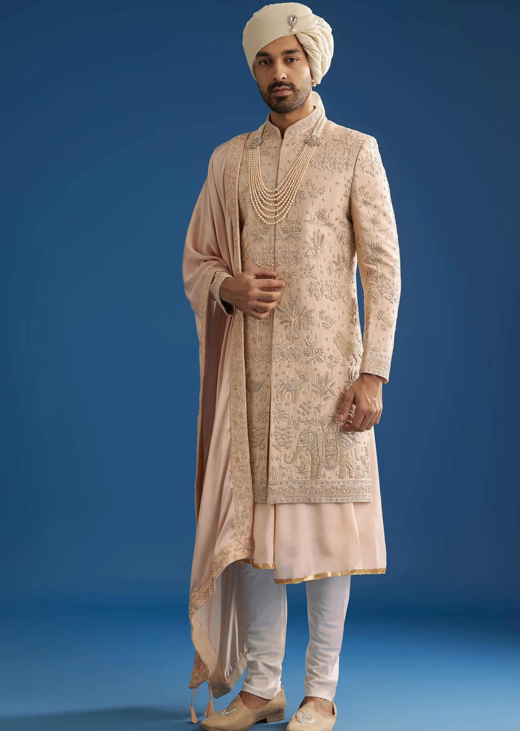 Beige Silk Groom Sherwani Set With Zardosi Work