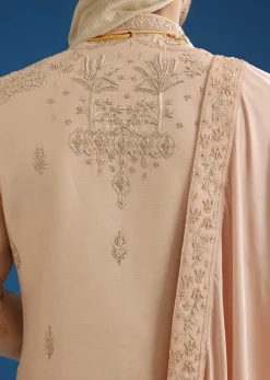 Beige Silk Groom Sherwani Set With Zardosi Work