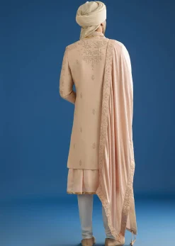 Beige Silk Groom Sherwani Set With Zardosi Work