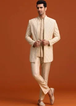 Beige Silk Indo Western And Kurta Set With Zardozi Work